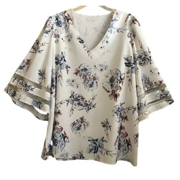repeat print floral blouse in blue, grey & brown on a pure white Sz 2X V-neck - Picture 1 of 6